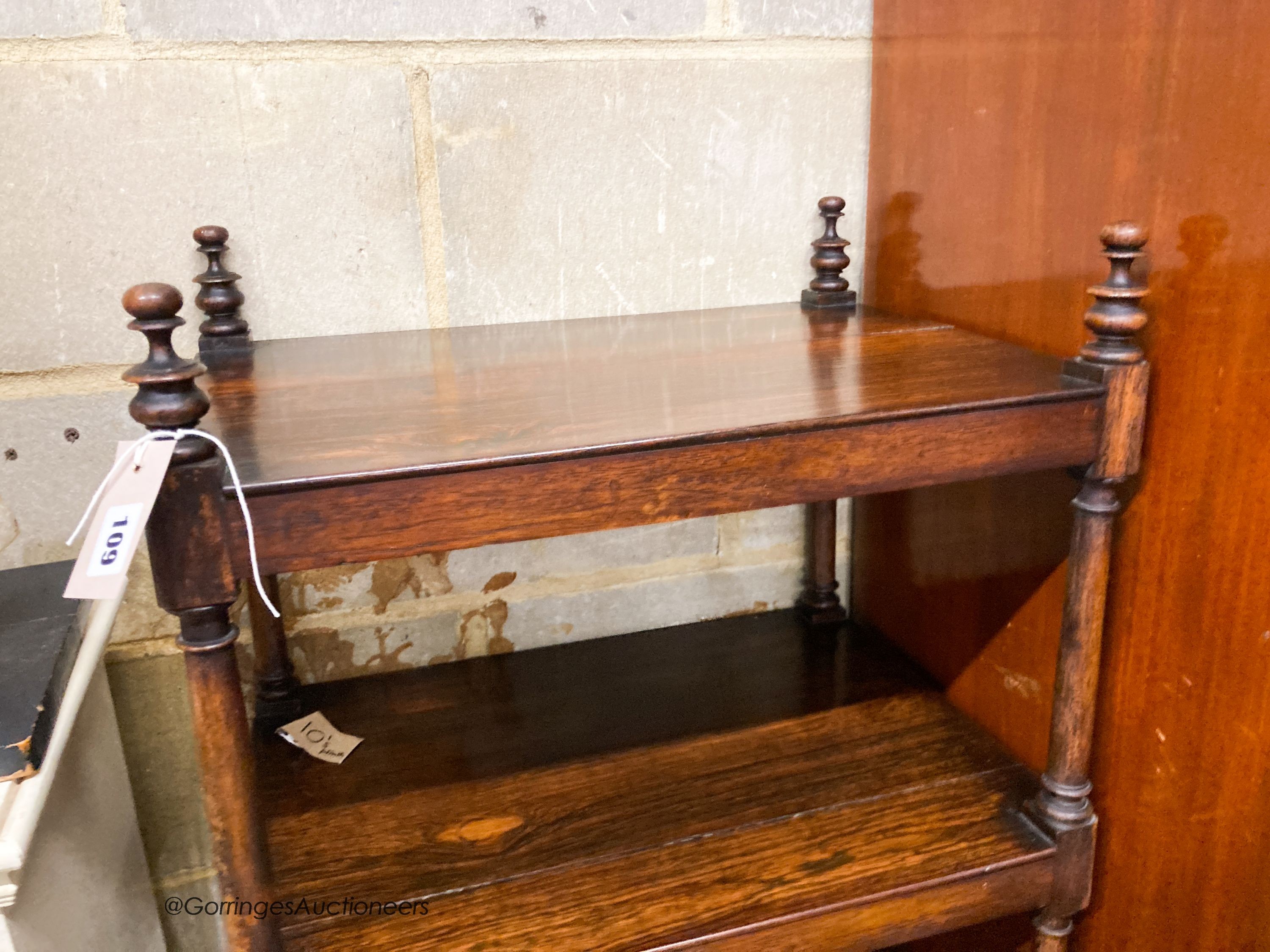 A Regency rosewood four tier two drawer whatnot, width 54cm, depth 39cm, height 148cm